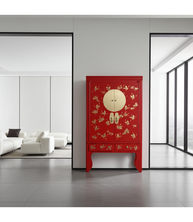 Chinesischer Hochzeitsschrank Lucky Rot Handbemalt - Orientique Kollektion B100xT55xH175cm