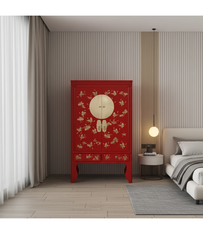 Chinese Bruidskast Lucky Rood Handbeschilderd - Orientique Collectie B100xD55xH175cm