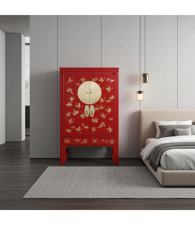 Armadio Nuziale Cinese Lucky Rosso Dipinto a Mano - Orientique Collezione L100xP55xA175cm