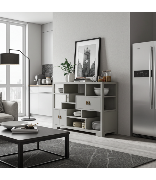 Chinesisches Bücherregal Offenes Regal Moonshine Greige - Orientique Kollektion B108xT35xH80cm