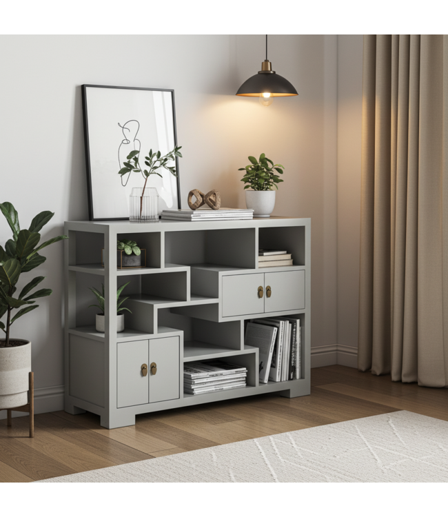 Chinese Bookcase Open Cabinet Moonshine Greige - Orientique Collection W108xD35xH80cm