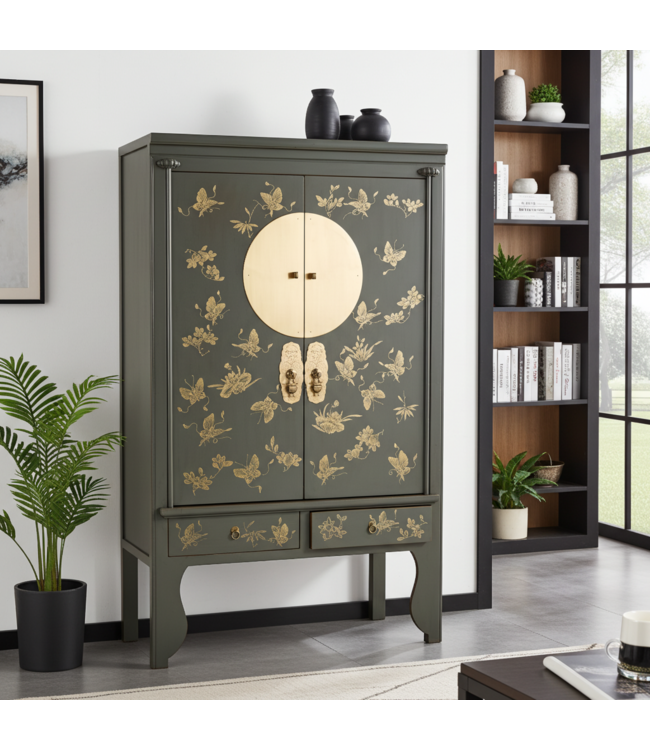 Chinese Bruidskast Olijf Grijs Handbeschilderd - Orientique Collectie B105xD55xH175cm