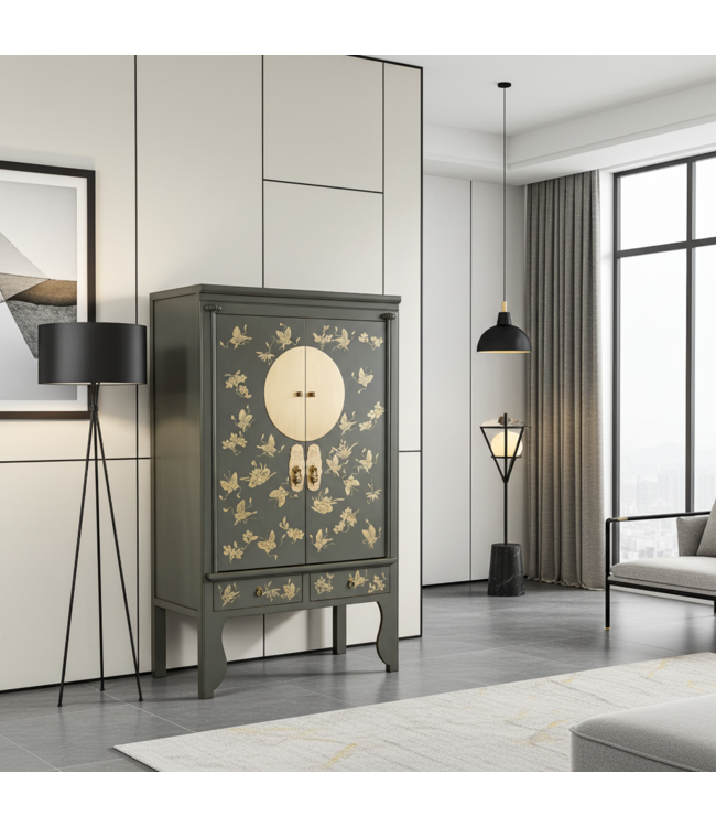 Armoire de Mariage Chinoise Gris Olive Peint à la Main - Orientique Collection L105xP55xH175cm