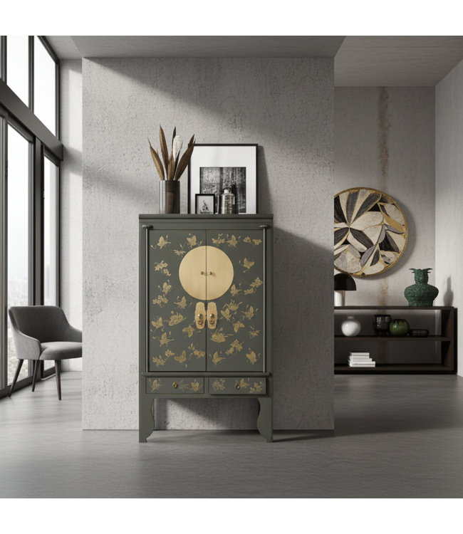 Chinese Wedding Cabinet Olive Grey Hand-Painted - Orientique Collection W105xD55xH175cm