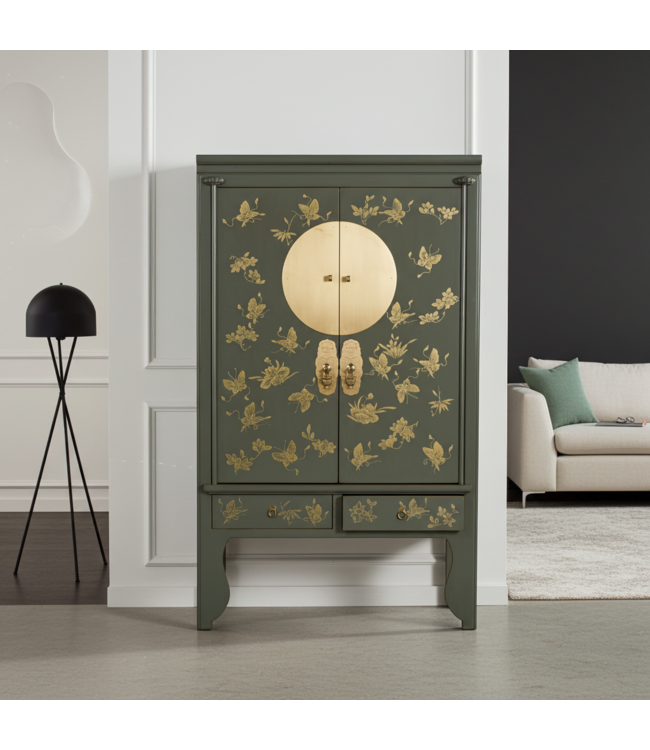 Chinese Bruidskast Olijf Grijs Handbeschilderd - Orientique Collectie B105xD55xH175cm