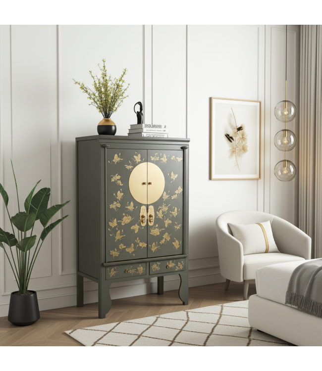 Armoire de Mariage Chinoise Gris Olive Peint à la Main - Orientique Collection L105xP55xH175cm