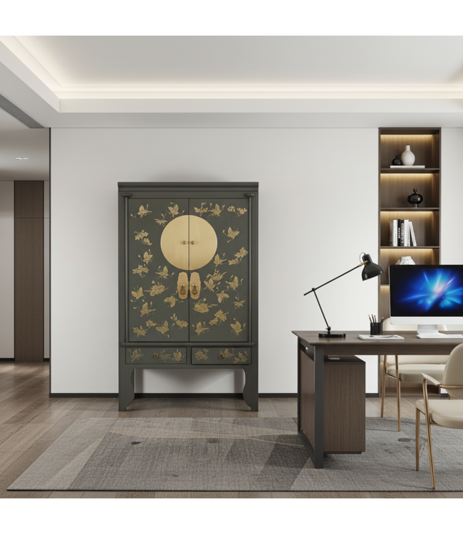 Chinese Wedding Cabinet Olive Grey Hand-Painted - Orientique Collection W105xD55xH175cm