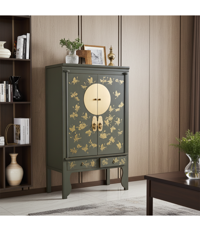Chinesischer Hochzeitsschrank Olive Grau Handbemalt - Orientique Kollektion B105xT55xH175cm