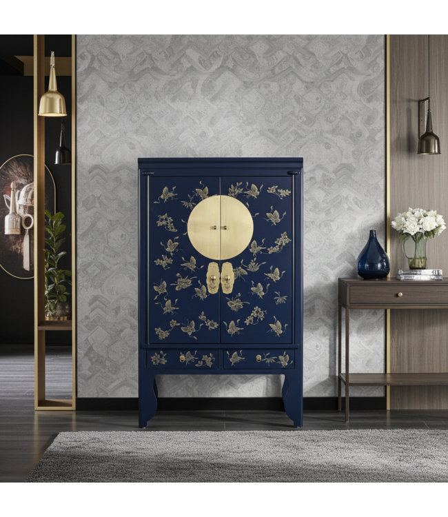 Armadio Nuziale Cinese Blu Notte Dipinto a Mano - Orientique Collezione L100xP55xA175cm
