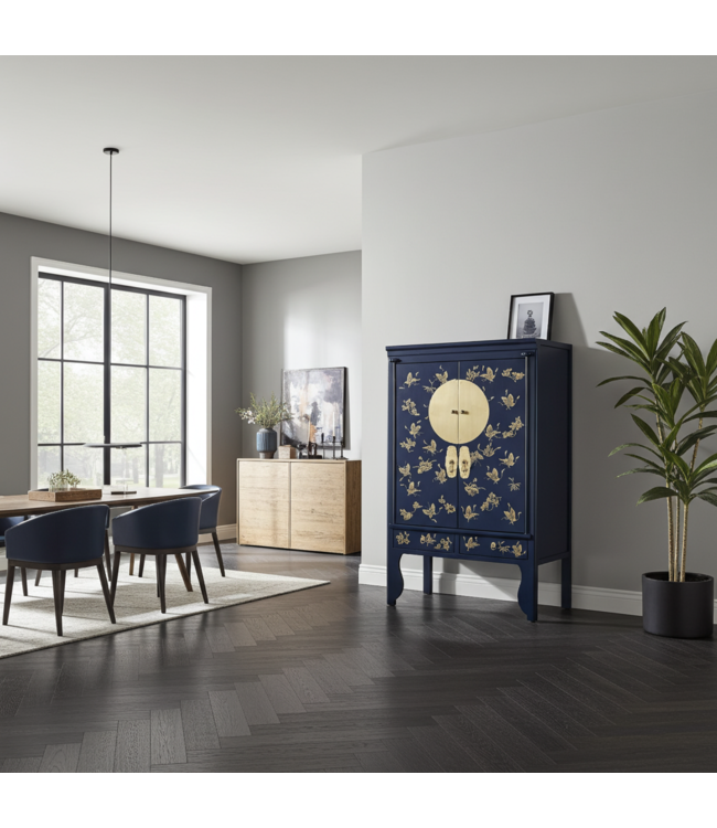 Armoire de Mariage Chinoise Bleu Nuit Peint à la Main  - Orientique Collection L100xP55xH175cm