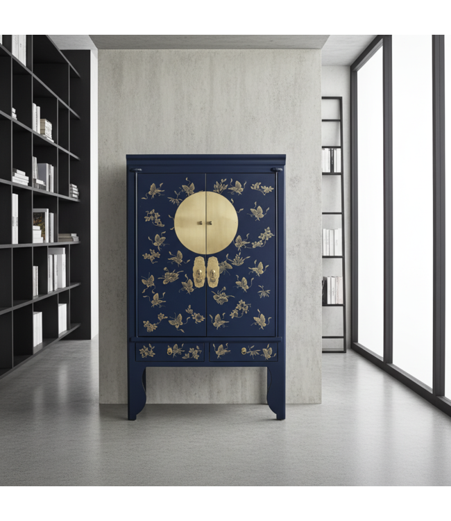 Chinese Bruidskast Midnight Blauw Handbeschilderd - Orientique Collectie B100xD55xH175cm