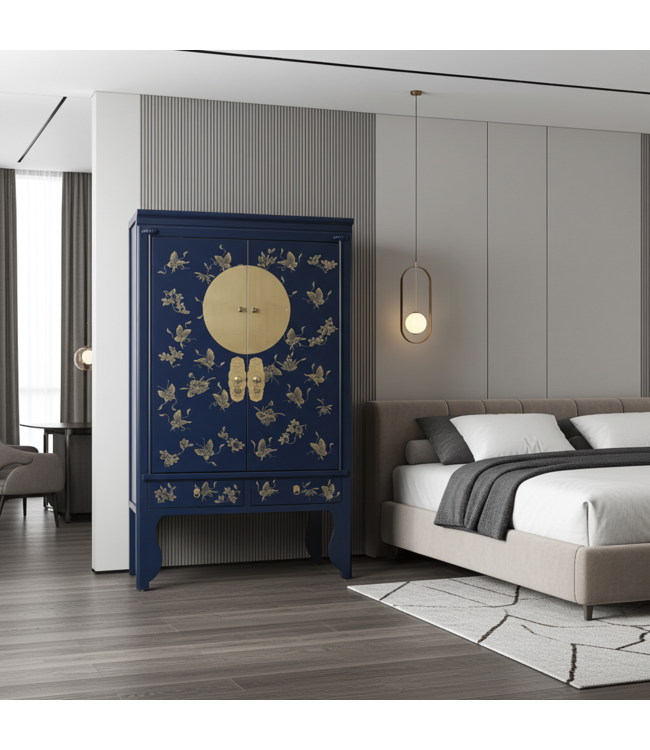 Armadio Nuziale Cinese Blu Notte Dipinto a Mano - Orientique Collezione L100xP55xA175cm