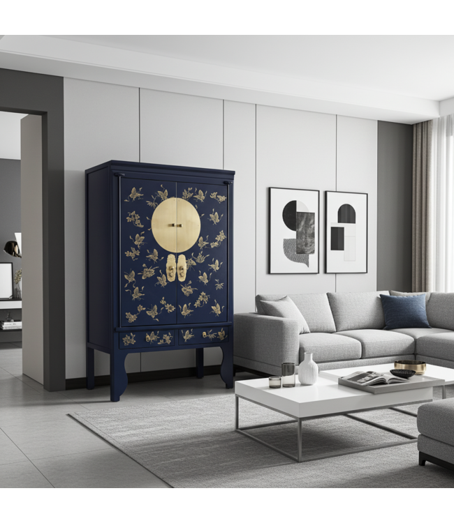 Chinese Wedding Cabinet Midnight Blue Hand-Painted - Orientique Collection W100xD55xH175cm