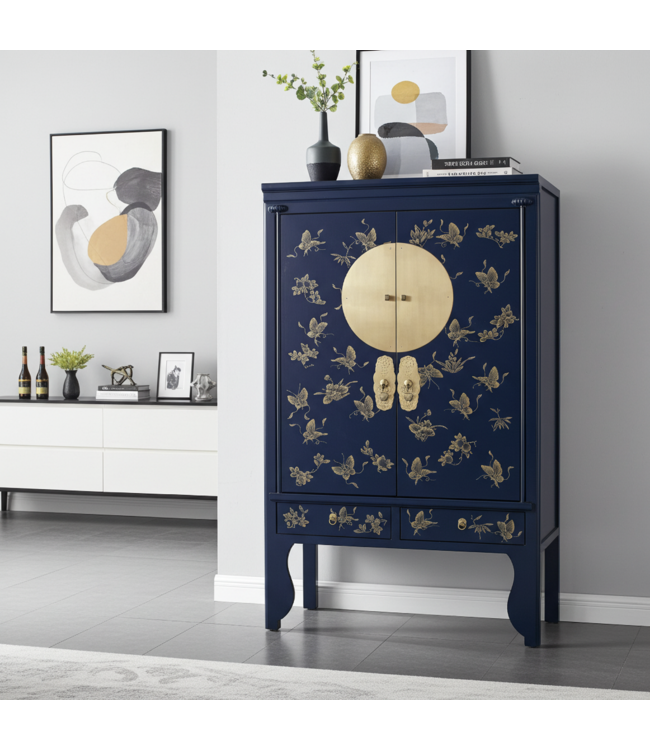 Chinese Bruidskast Midnight Blauw Handbeschilderd - Orientique Collectie B100xD55xH175cm