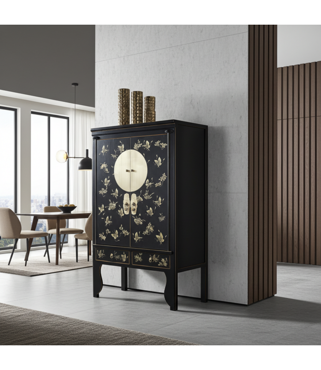 Chinese Wedding Cabinet Onyx Black Hand-Painted - Orientique Collection W100xD55xH175cm