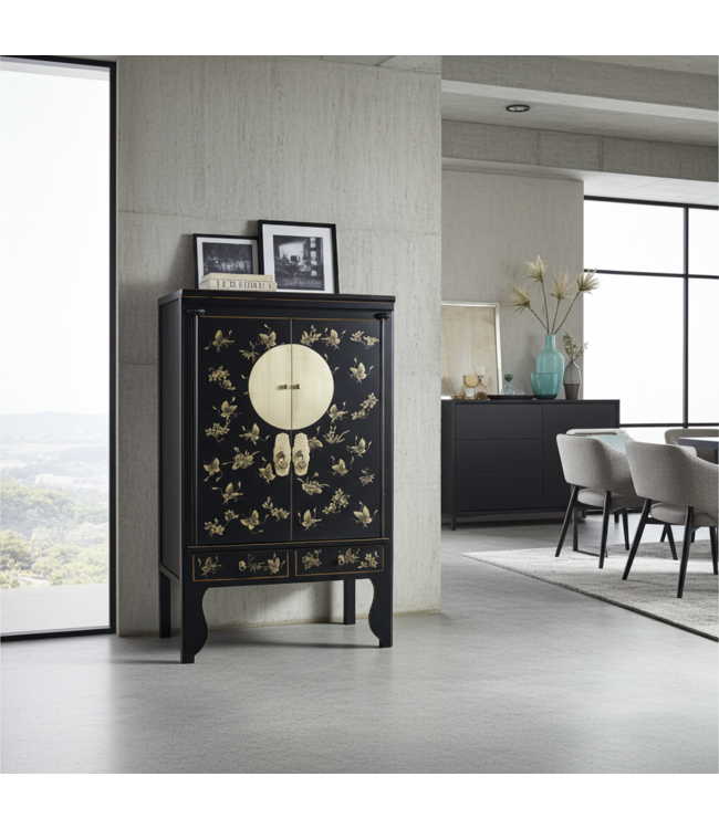 Armadio Nuziale Cinese Onice Nero Dipinto a Mano - Orientique Collezione L100xP55xA175cm