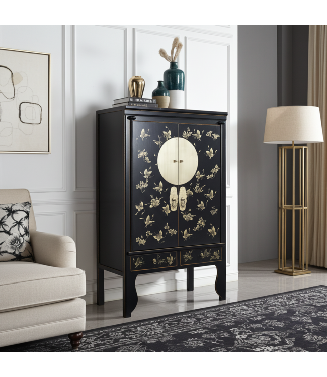 Armadio Nuziale Cinese Onice Nero Dipinto a Mano - Orientique Collezione L100xP55xA175cm