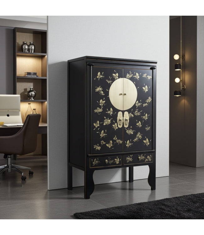 Chinese Wedding Cabinet Onyx Black Hand-Painted - Orientique Collection W100xD55xH175cm