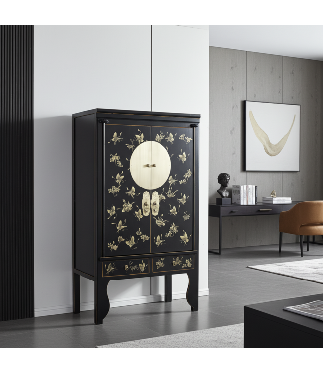 Chinese Bruidskast Onyx Zwart Handbeschilderd - Orientique Collectie B100xD55xH175cm