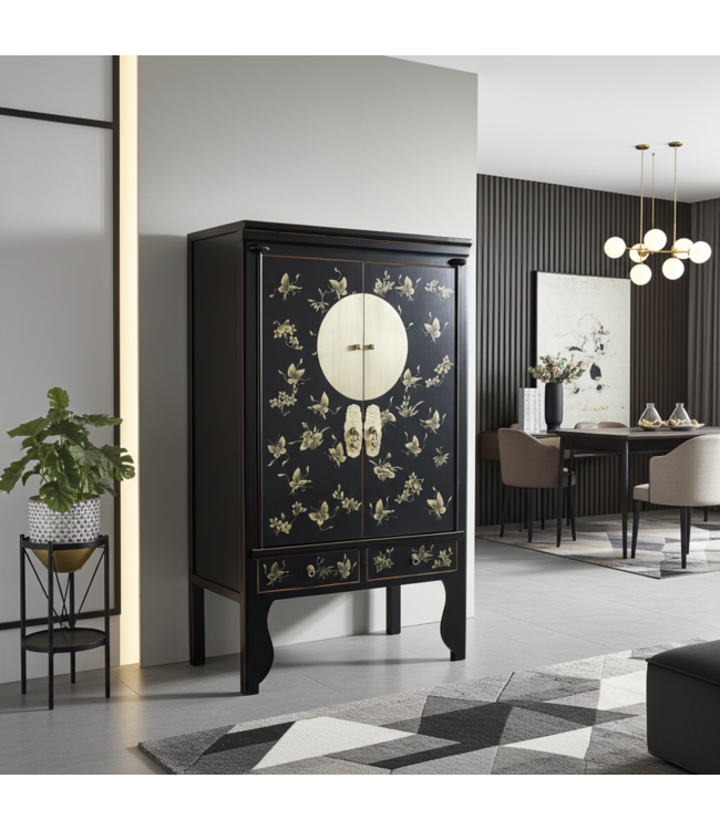 Chinese Bruidskast Onyx Zwart Handbeschilderd - Orientique Collectie B100xD55xH175cm