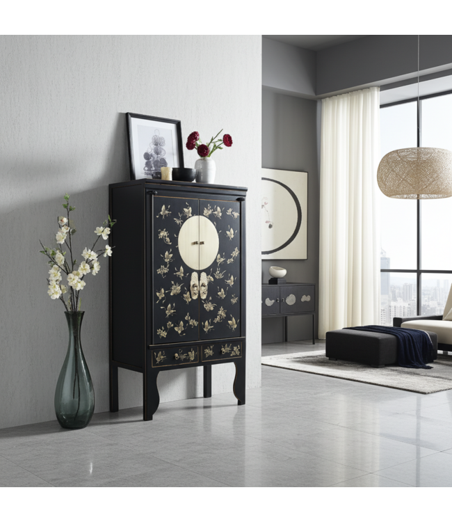 Chinese Bruidskast Onyx Zwart Handbeschilderd - Orientique Collectie B100xD55xH175cm
