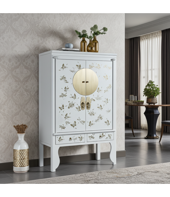 Chinesischer Hochzeitsschrank Schneeweiß Handbemalt - Orientique Kollektion B100xT55xH175cm