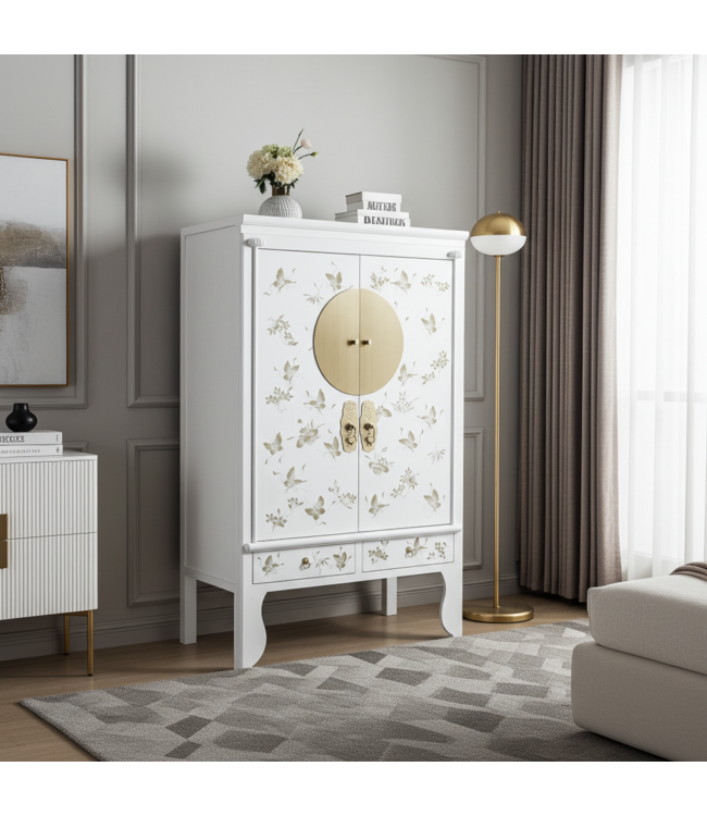 Armoire de Mariage Chinoise Blanche Neige Peint à la Main  - Orientique Collection L100xP55xH175cm