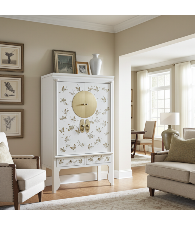 Armoire de Mariage Chinoise Blanche Neige Peint à la Main  - Orientique Collection L100xP55xH175cm
