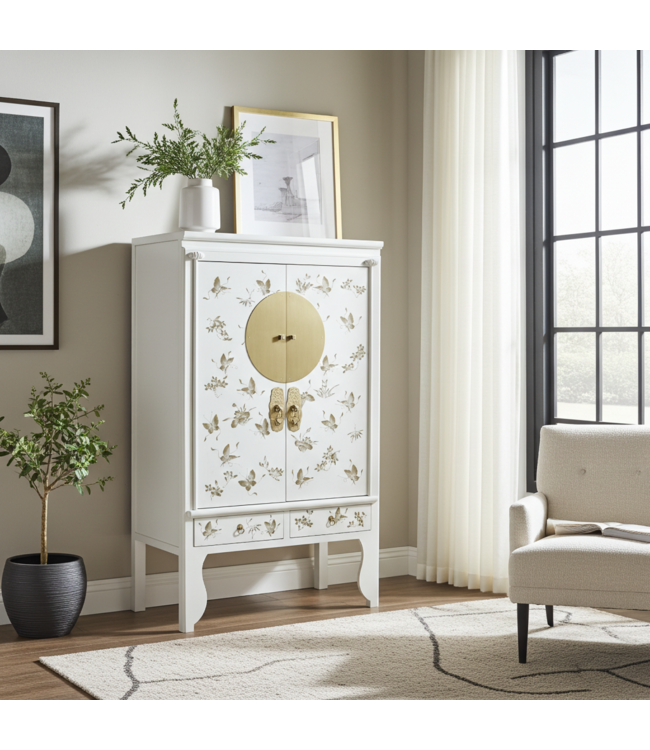 Armadio Nuziale Cinese Bianco Neve Dipinto a Mano - Orientique Collezione L100xP55xA175cm