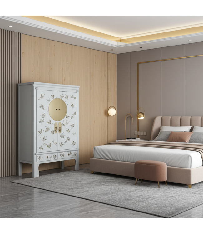 Armadio Nuziale Cinese Bianco Neve Dipinto a Mano - Orientique Collezione L100xP55xA175cm