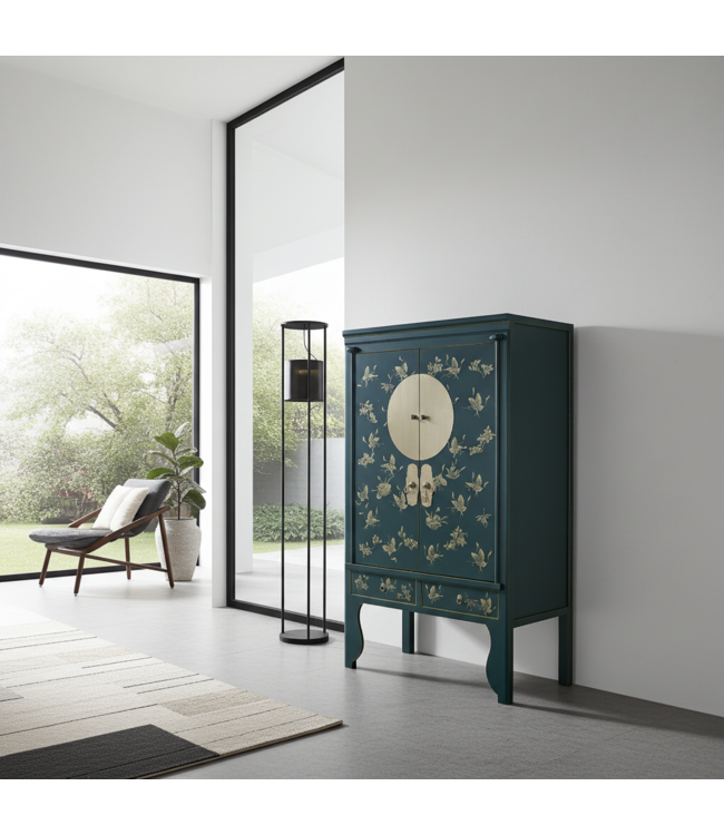 Chinesischer Hochzeitsschrank Handbemalte Schmetterlinge Teal  - Orientique Collection B100xT55xH175cm