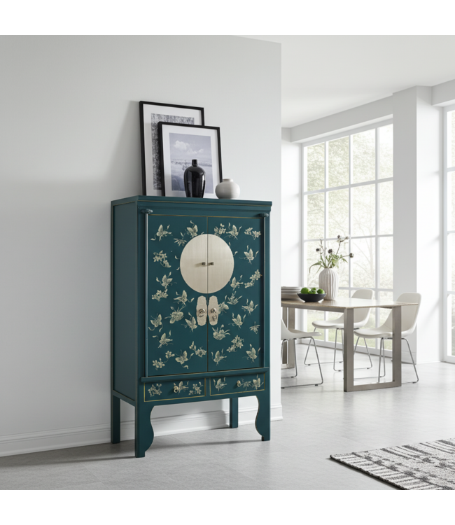 Armadio per Matrimonio Cinese Farfalle Dipinte a Mano Teal - Collezione Orientique L100xP55xA175cm
