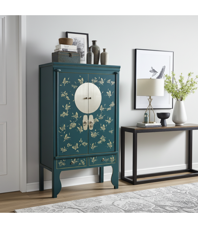 Chinese Bruidskast Handgeschilderde Vlinders Teal - Orientique Collection B100xD55xH175cm