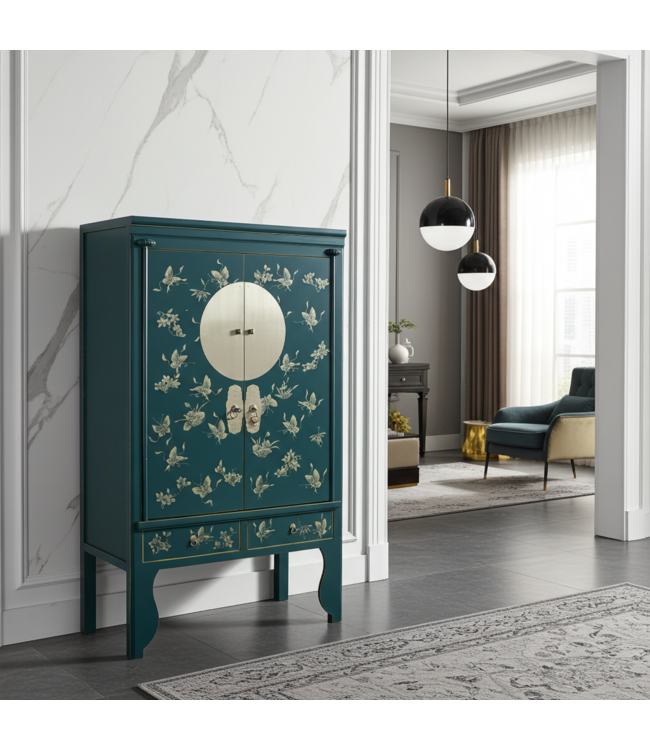 Chinese Wedding Cabinet Handpainted Butterflies Teal - Orientique Collection W100xD55xH175cm
