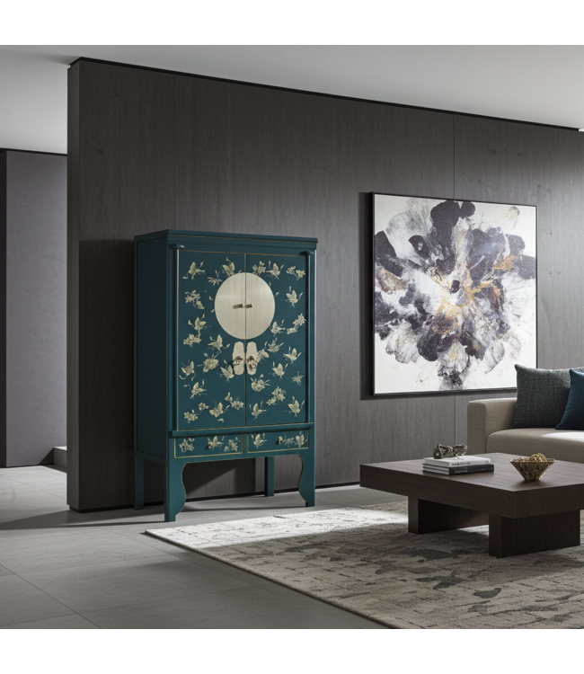 Chinese Bruidskast Handgeschilderde Vlinders Teal - Orientique Collection B100xD55xH175cm