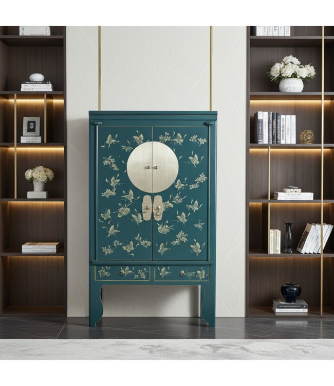 Armoire de Mariage Chinoise Peinte à la Main Papillons Teal - Collection Orientique L100xP55xH175cm