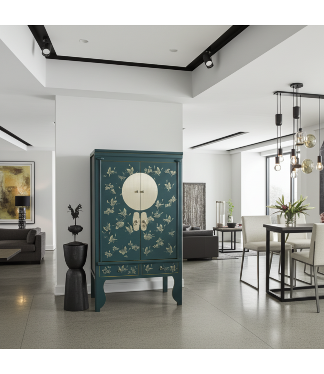 Chinese Wedding Cabinet Handpainted Butterflies Teal - Orientique Collection W100xD55xH175cm