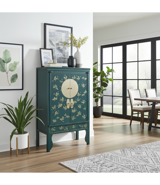 Chinese Bruidskast Handgeschilderde Vlinders Teal - Orientique Collection B100xD55xH175cm