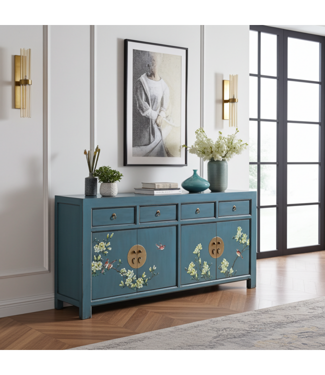 Chinese Dressoir Arctic Blauw Grijs Handgeschilderd - Orientique Collection B180xD40xH85cm
