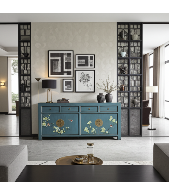 Credenza Cinese Arctic Blu Grigio Dipinto a Mano - Orientique Collezione L180xP40xA85cm