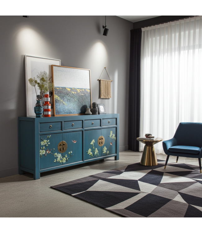 Buffet Chinois Arctic Bleue Gris Peint à la Main - Orientique Collection L180xP40xH85cm