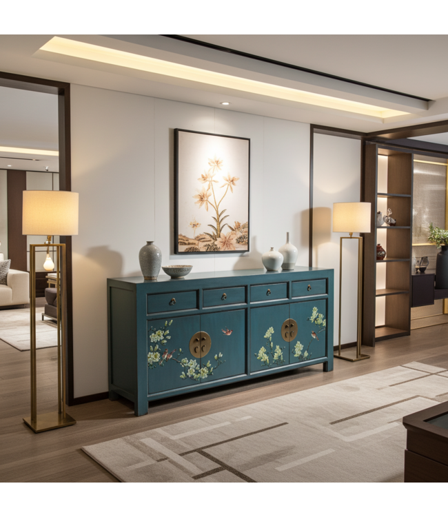 Buffet Chinois Arctic Bleue Gris Peint à la Main - Orientique Collection L180xP40xH85cm