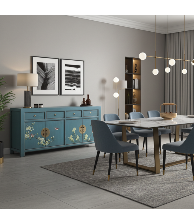 Buffet Chinois Arctic Bleue Gris Peint à la Main - Orientique Collection L180xP40xH85cm