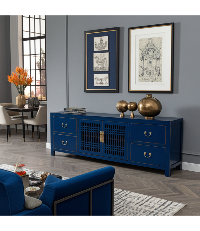Meuble TV Chinois Bleu Nuit - Orientique Collection L180xP38xH65cm