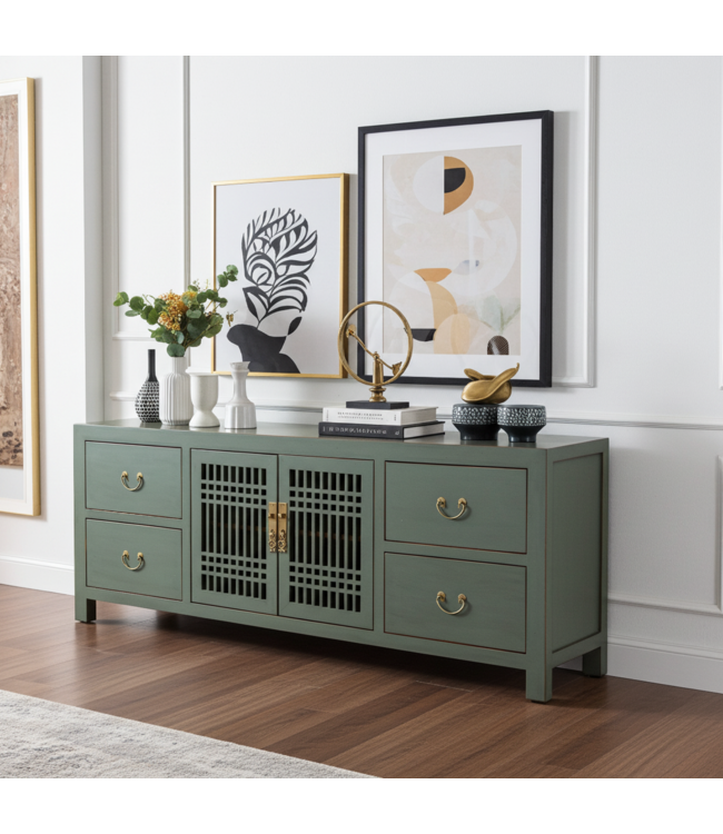 Meuble TV Chinois Gris Olive - Orientique Collection L180xP38xH65cm