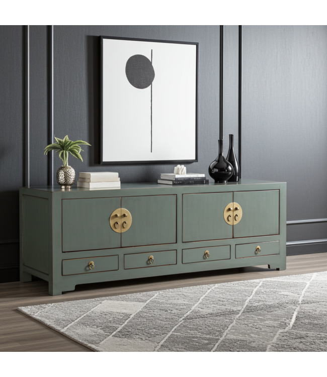 Meuble TV Chinois Gris Olive - Orientique Collection L130xP40xH45cm