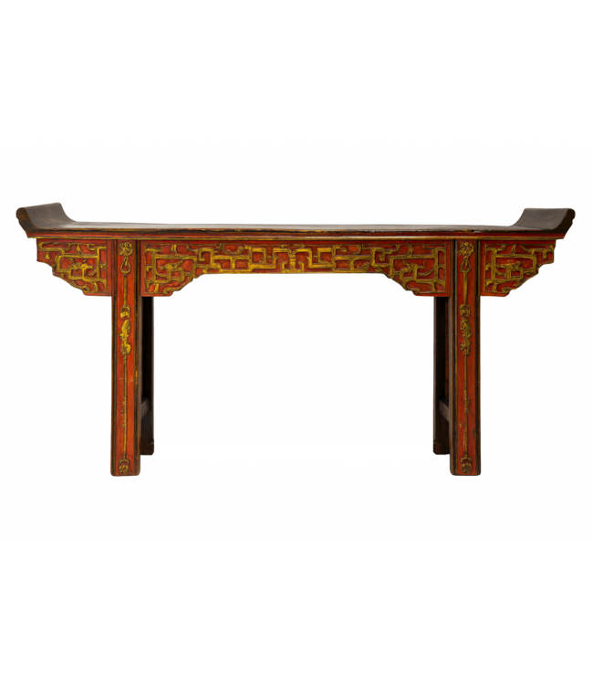 Antike Chinesische Konsole Altartisch Braun Gold Rot Hangeschnitzt B195xT43xH92cm