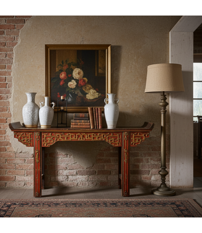 Tavolo da Altare Console Cinese Antico Marrone Oro Rosso Intagliato a Mano L195xP43xA92cm