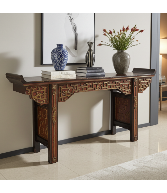 Tavolo da Altare Console Cinese Antico Marrone Oro Rosso Intagliato a Mano L195xP43xA92cm