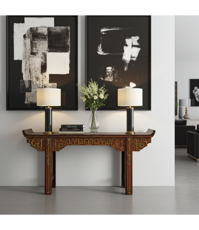 Antike Chinesische Konsole Altartisch Braun Gold Rot Hangeschnitzt B195xT43xH92cm